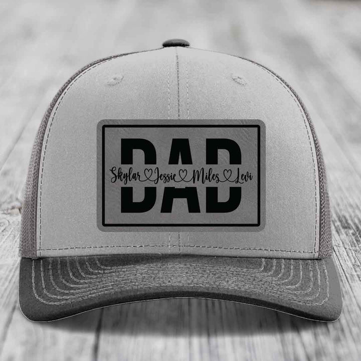 Dad Monogram (With Kids Names) - Leather Patch Hat - Grey to Black Patch - Richardson 112 Snapback Trucker Hat