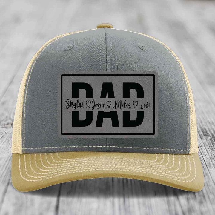 Dad Monogram (With Kids Names) - Leather Patch Hat - Grey to Black Patch - Richardson 112 Snapback Trucker Hat