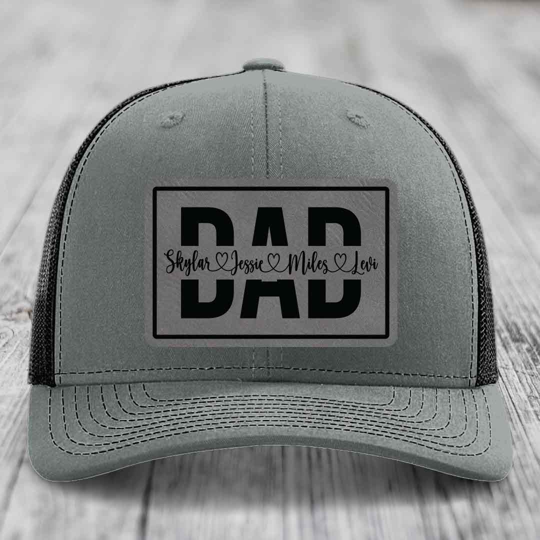 Dad Monogram (With Kids Names) - Leather Patch Hat - Grey to Black Patch - Richardson 112 Snapback Trucker Hat