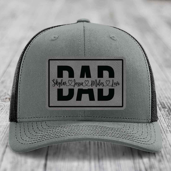 Dad Monogram (With Kids Names) - Leather Patch Hat - Grey to Black Patch - Richardson 112 Snapback Trucker Hat