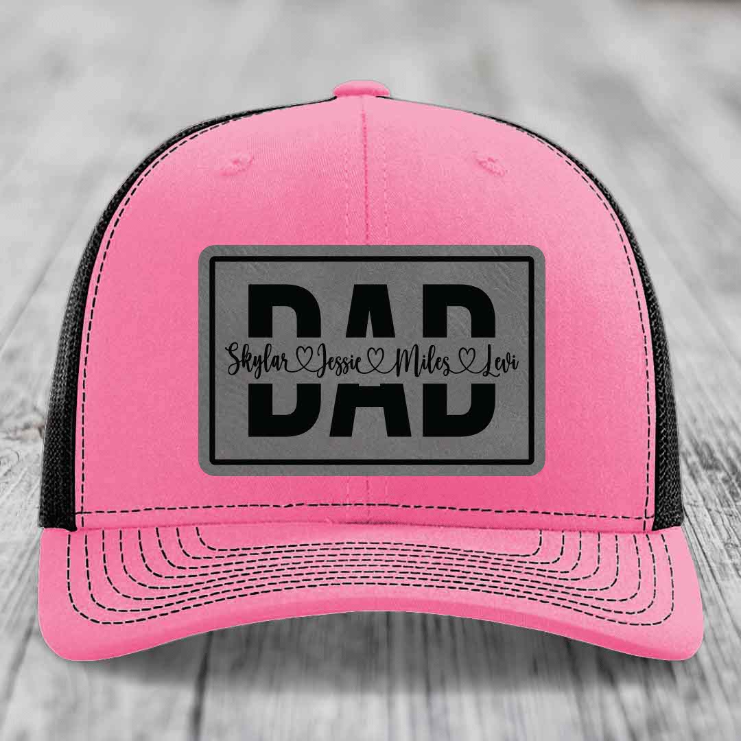 Dad Monogram (With Kids Names) - Leather Patch Hat - Grey to Black Patch - Richardson 112 Snapback Trucker Hat