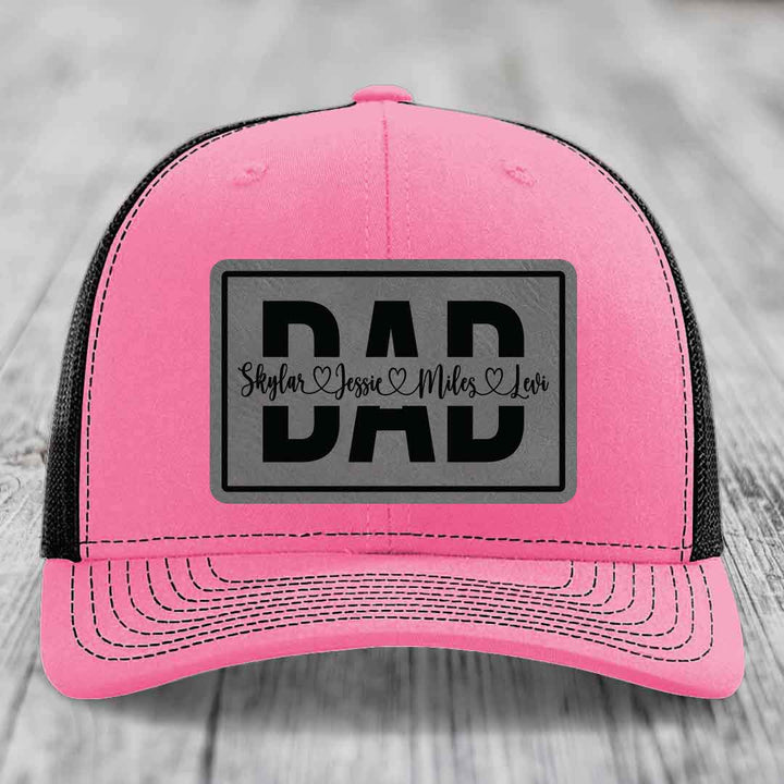 Dad Monogram (With Kids Names) - Leather Patch Hat - Grey to Black Patch - Richardson 112 Snapback Trucker Hat