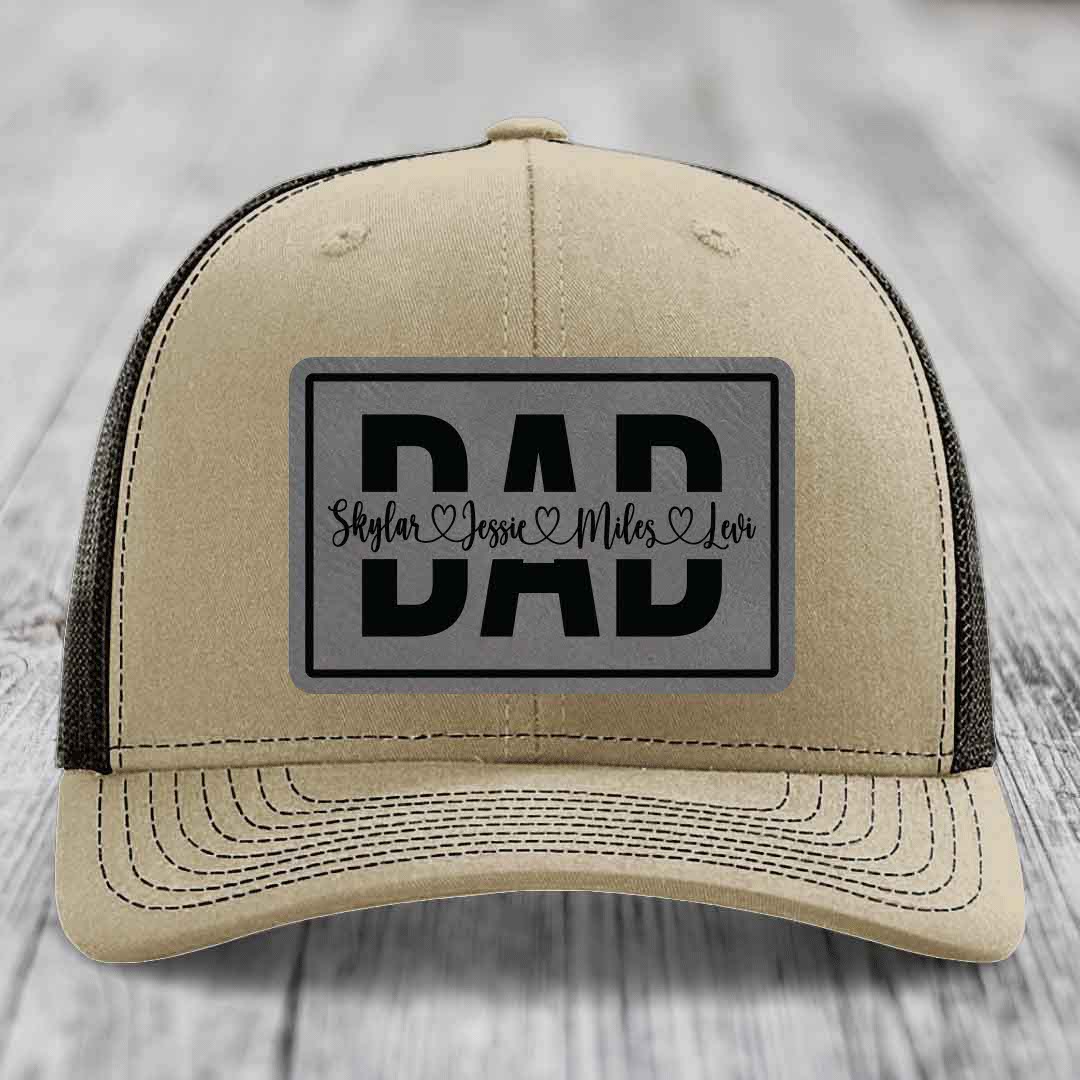 Dad Monogram (With Kids Names) - Leather Patch Hat - Grey to Black Patch - Richardson 112 Snapback Trucker Hat