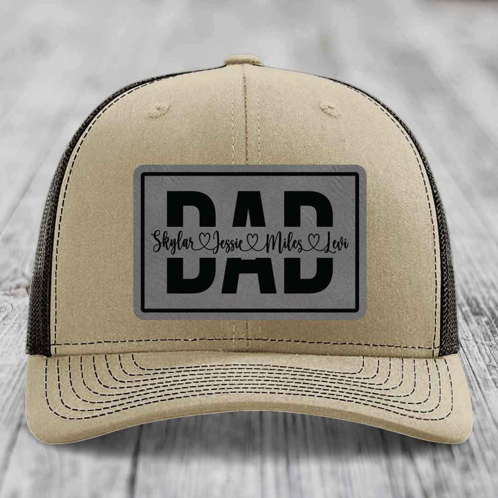 Dad Monogram (With Kids Names) - Leather Patch Hat - Grey to Black Patch - Richardson 112 Snapback Trucker Hat