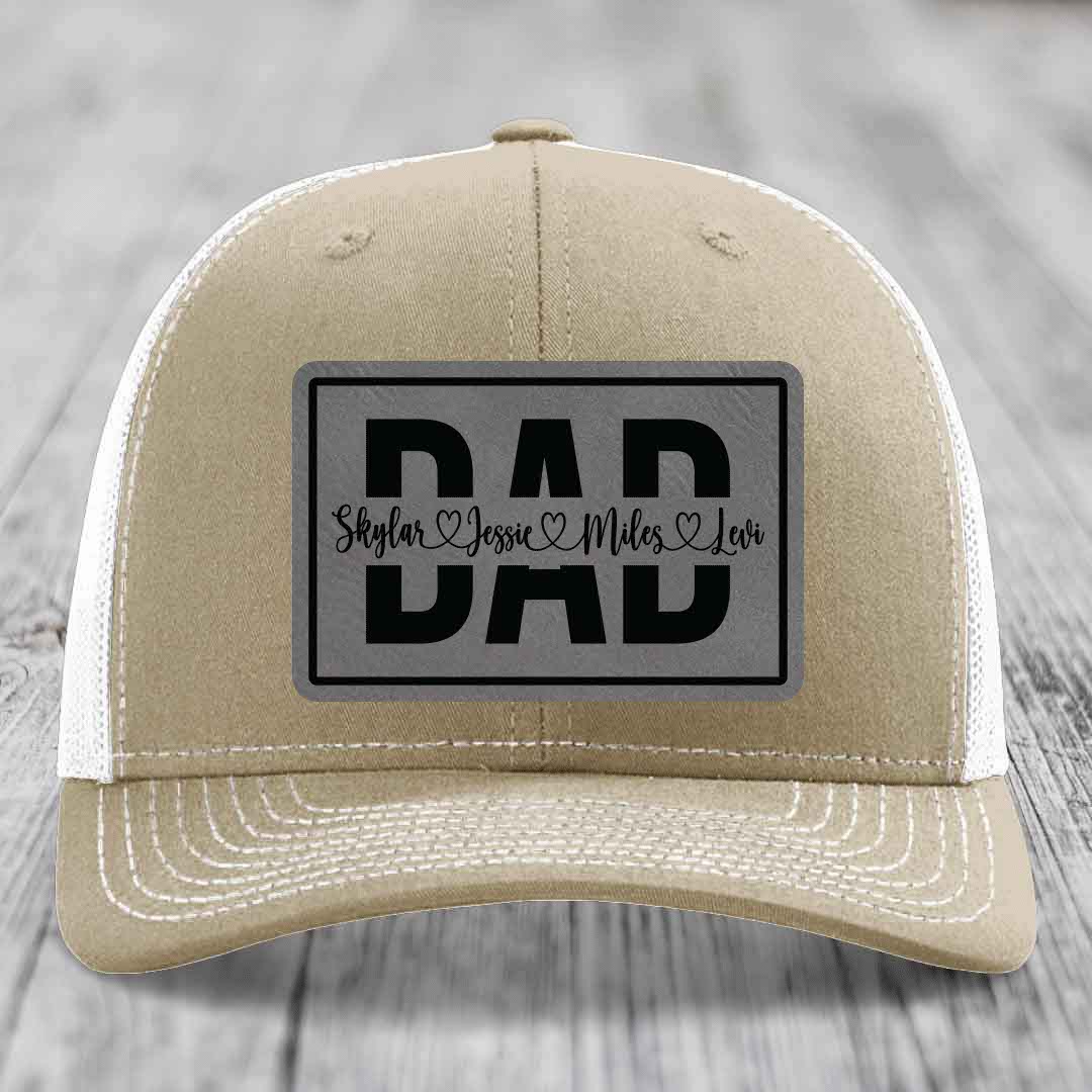 Dad Monogram (With Kids Names) - Leather Patch Hat - Grey to Black Patch - Richardson 112 Snapback Trucker Hat