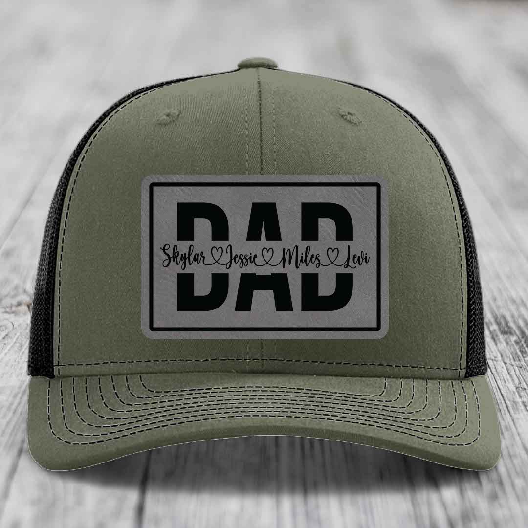 Dad Monogram (With Kids Names) - Leather Patch Hat - Grey to Black Patch - Richardson 112 Snapback Trucker Hat