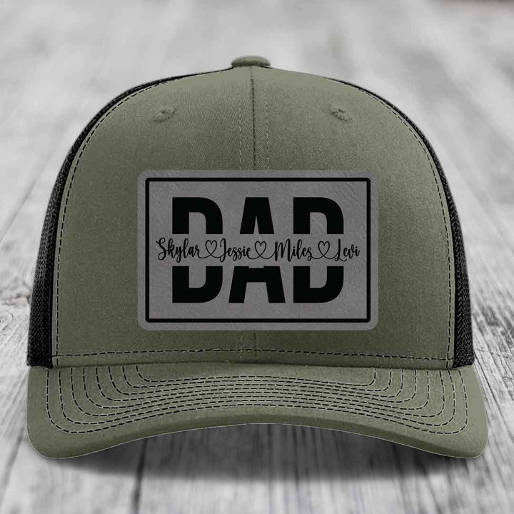 Dad Monogram (With Kids Names) - Leather Patch Hat - Grey to Black Patch - Richardson 112 Snapback Trucker Hat