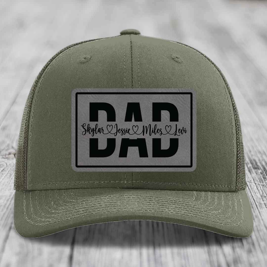 Dad Monogram (With Kids Names) - Leather Patch Hat - Grey to Black Patch - Richardson 112 Snapback Trucker Hat