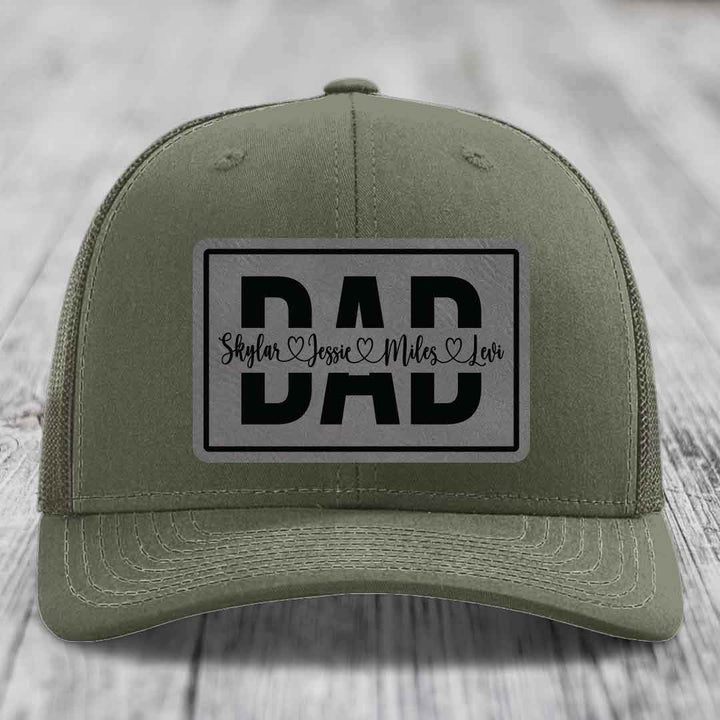 Dad Monogram (With Kids Names) - Leather Patch Hat - Grey to Black Patch - Richardson 112 Snapback Trucker Hat