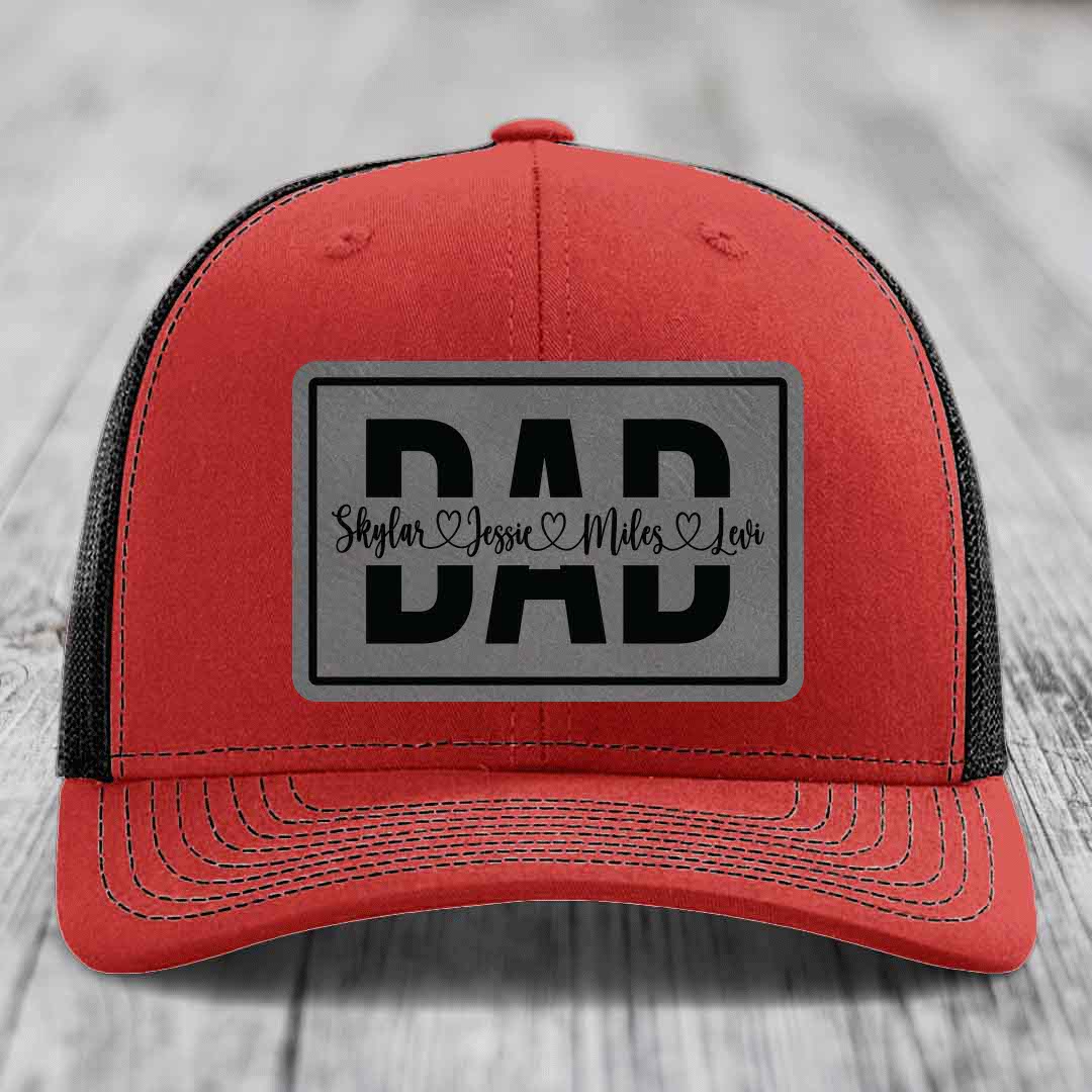Dad Monogram (With Kids Names) - Leather Patch Hat - Grey to Black Patch - Richardson 112 Snapback Trucker Hat
