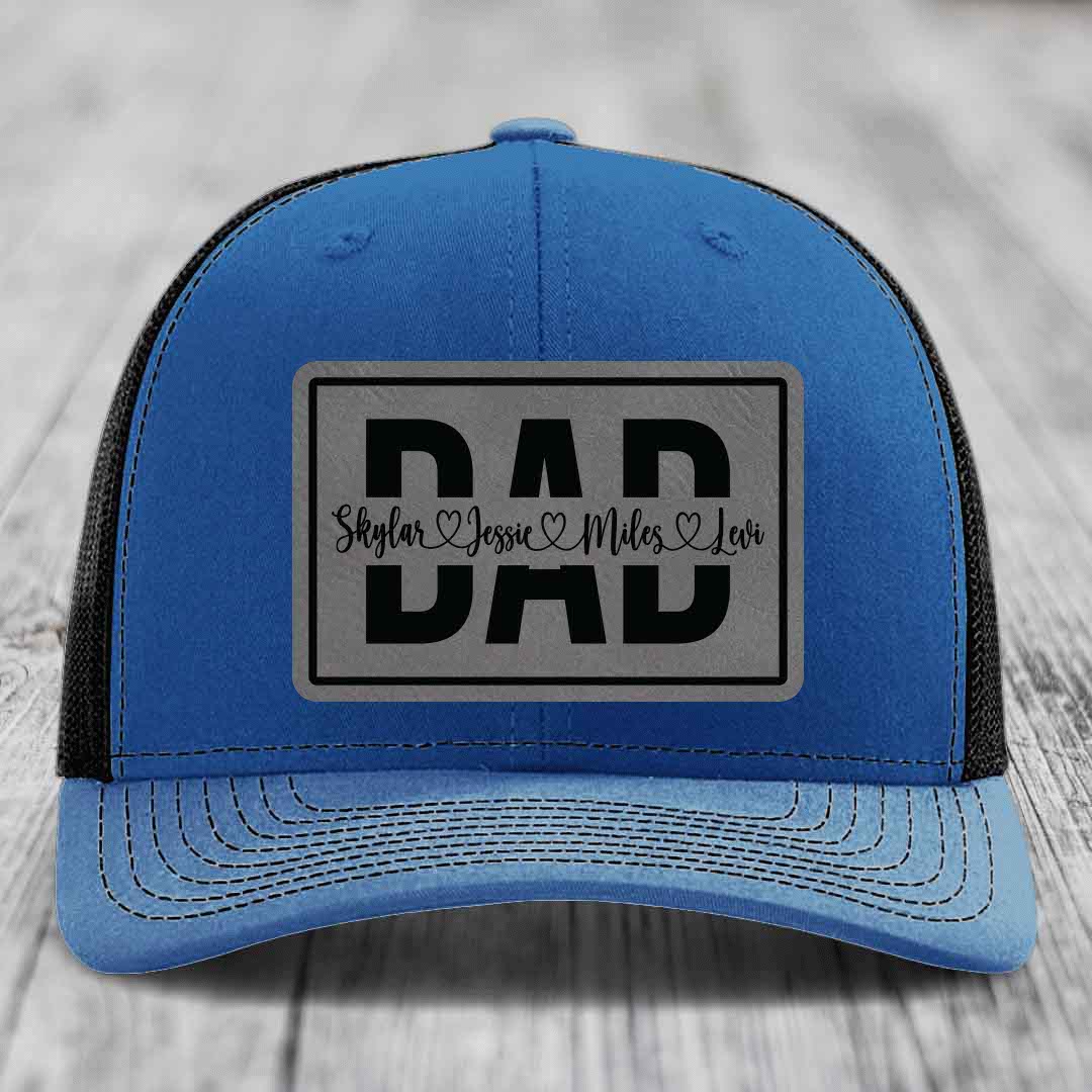 Dad Monogram (With Kids Names) - Leather Patch Hat - Grey to Black Patch - Richardson 112 Snapback Trucker Hat