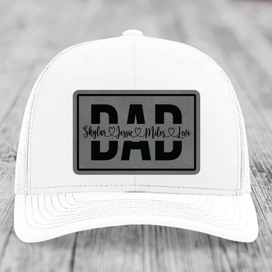 Dad Monogram (With Kids Names) - Leather Patch Hat - Grey to Black Patch - Richardson 112 Snapback Trucker Hat