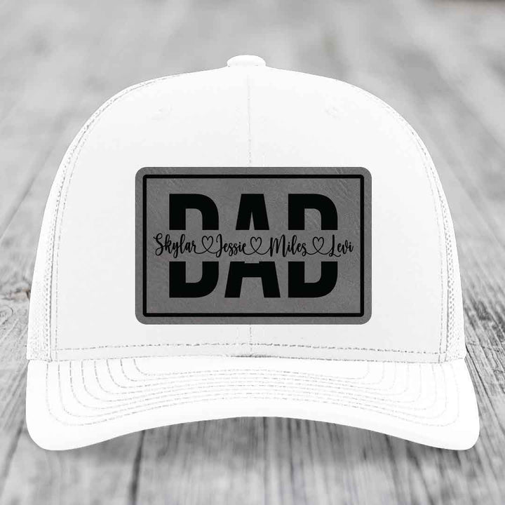 Dad Monogram (With Kids Names) - Leather Patch Hat - Grey to Black Patch - Richardson 112 Snapback Trucker Hat