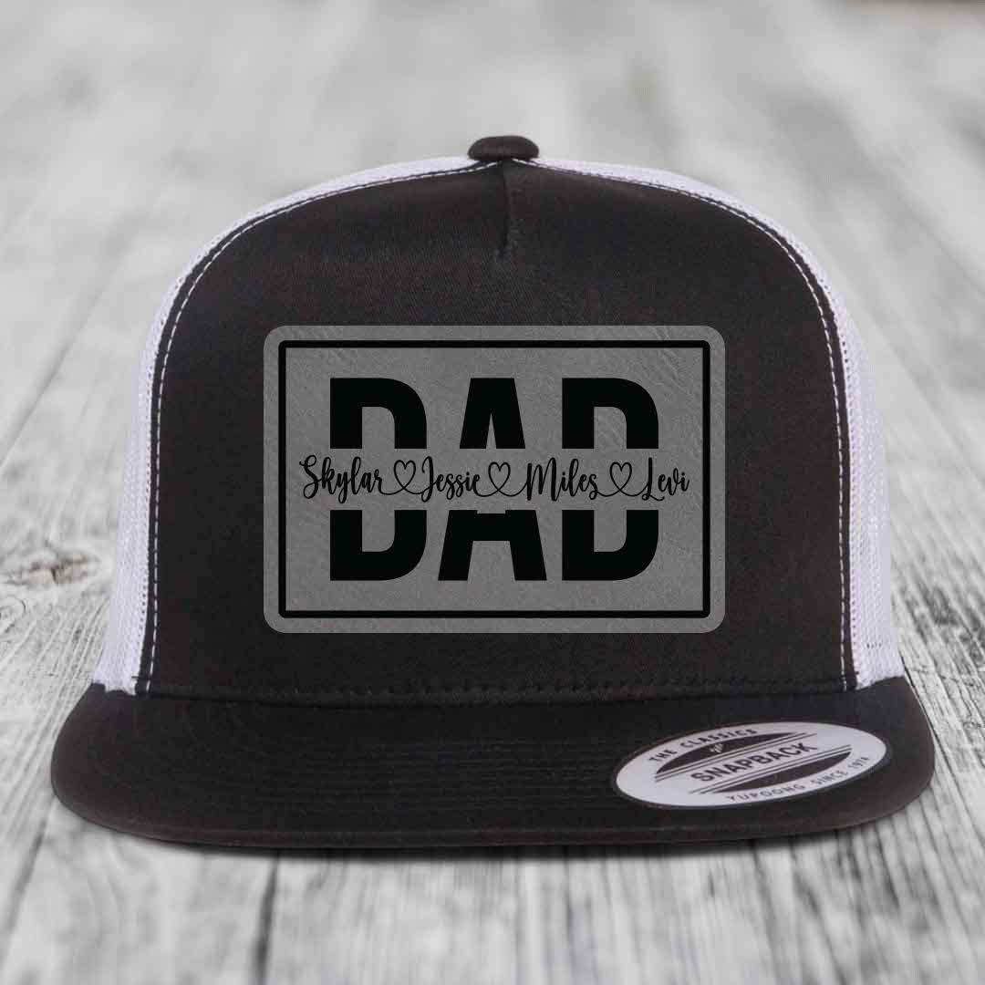 Dad Monogram (With Kids Names) - Leather Patch Hat - Grey to Black Patch - Yupoong 6006 Snapback Flatbill Hat