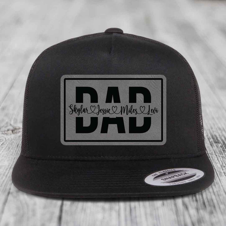 Dad Monogram (With Kids Names) - Leather Patch Hat - Grey to Black Patch - Yupoong 6006 Snapback Flatbill Hat