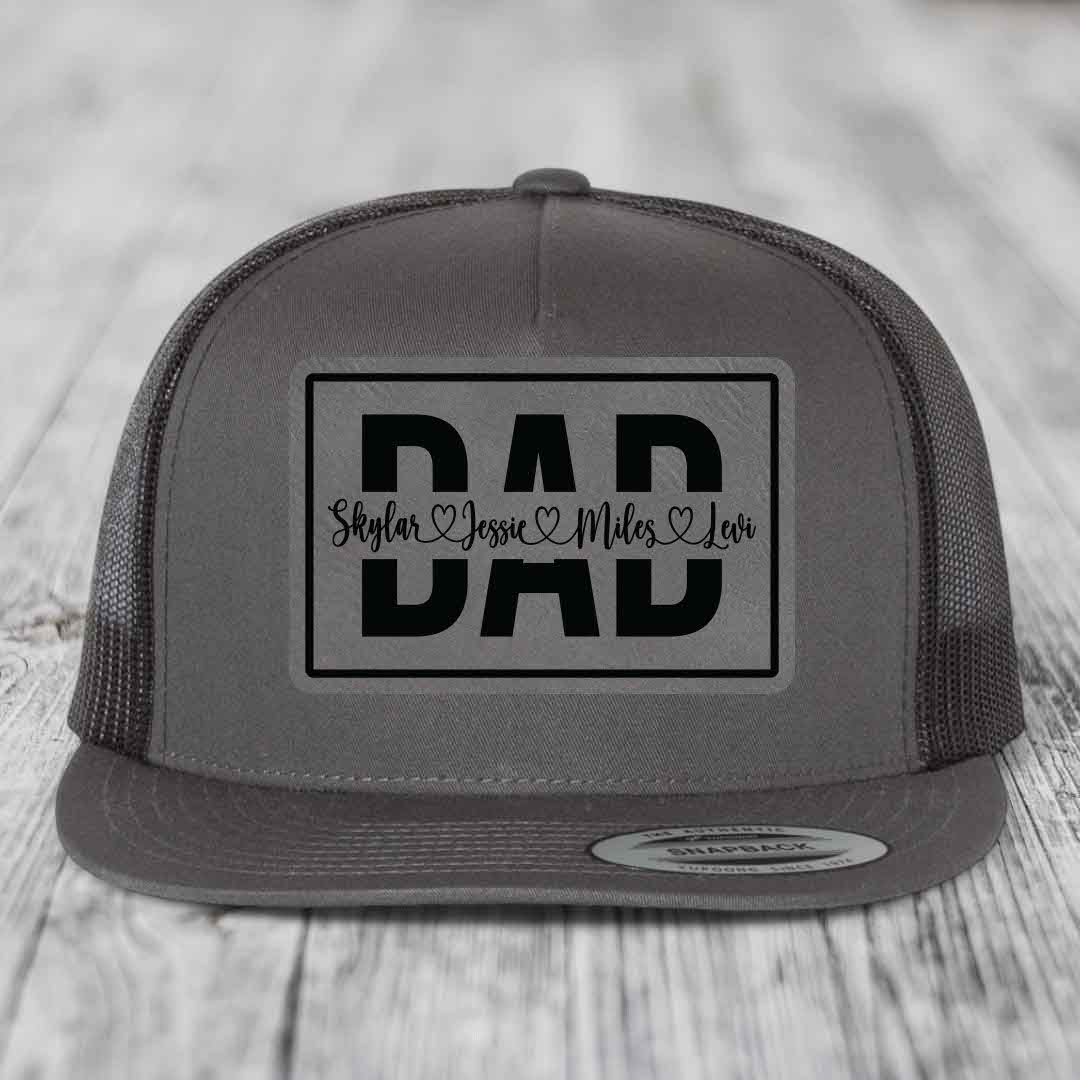 Dad Monogram (With Kids Names) - Leather Patch Hat - Grey to Black Patch - Yupoong 6006 Snapback Flatbill Hat