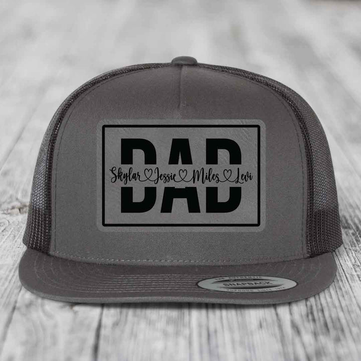 Dad Monogram (With Kids Names) - Leather Patch Hat - Grey to Black Patch - Yupoong 6006 Snapback Flatbill Hat