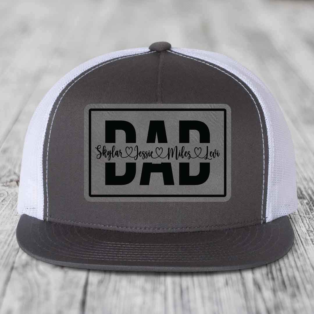 Dad Monogram (With Kids Names) - Leather Patch Hat - Grey to Black Patch - Yupoong 6006 Snapback Flatbill Hat