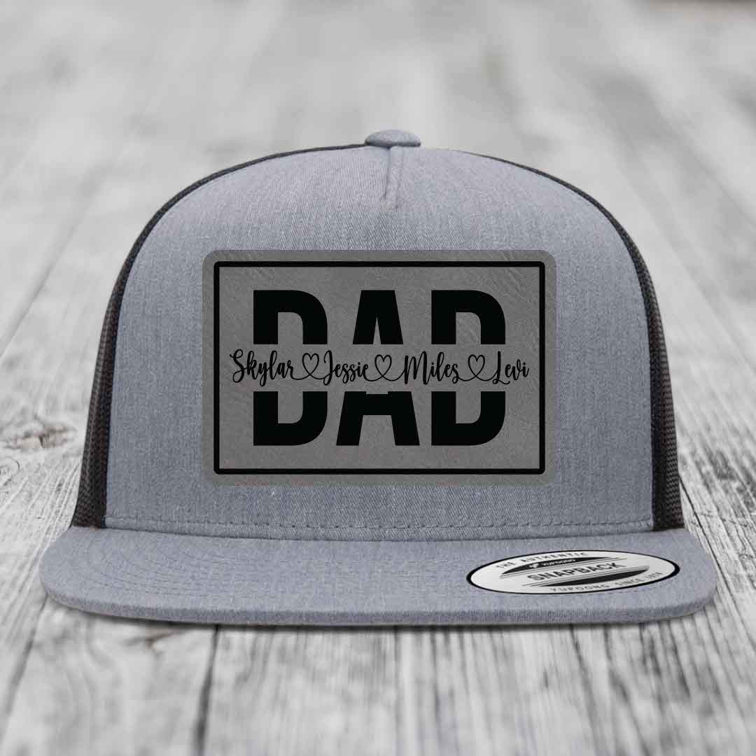 Dad Monogram (With Kids Names) - Leather Patch Hat - Grey to Black Patch - Yupoong 6006 Snapback Flatbill Hat