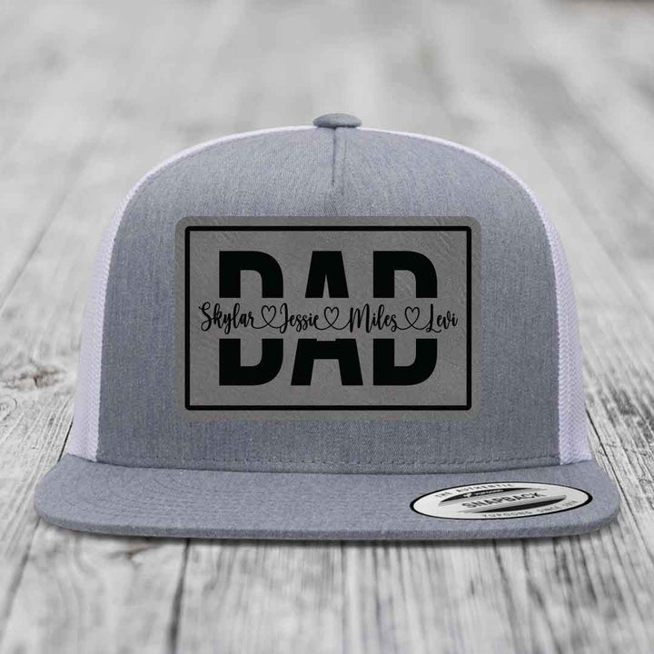 Dad Monogram (With Kids Names) - Leather Patch Hat - Grey to Black Patch - Yupoong 6006 Snapback Flatbill Hat