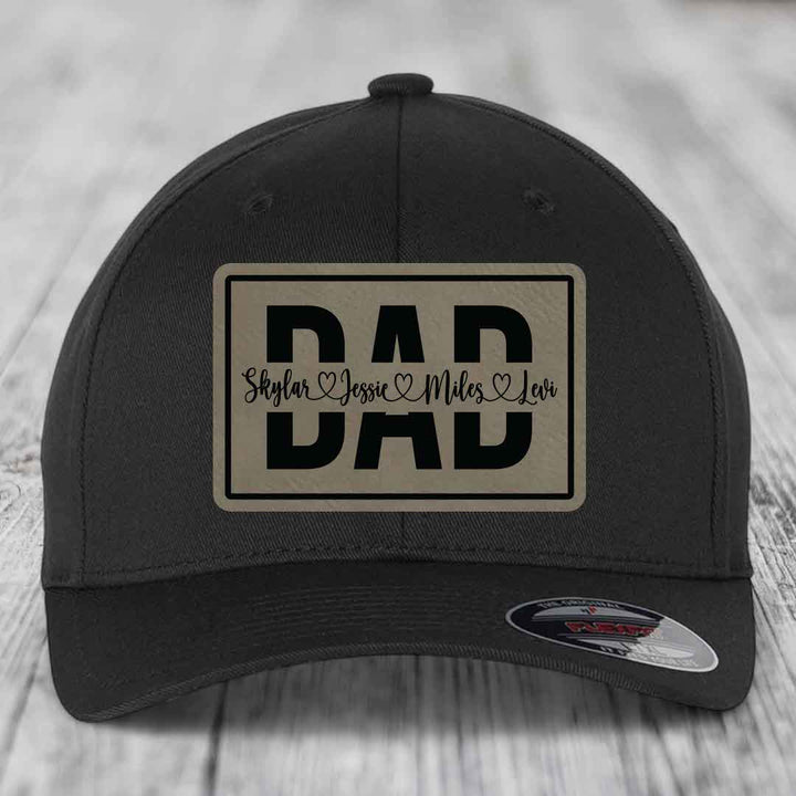Dad Monogram (With Kids Names) - Leather Patch Hat - Light Brown to Black Patch - Flexfit 6277 Fitted Hat