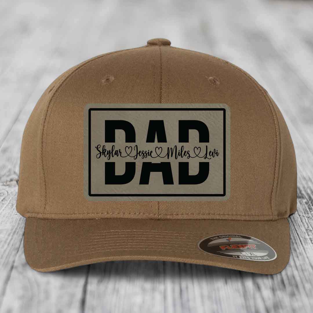 Dad Monogram (With Kids Names) - Leather Patch Hat - Light Brown to Black Patch - Flexfit 6277 Fitted Hat