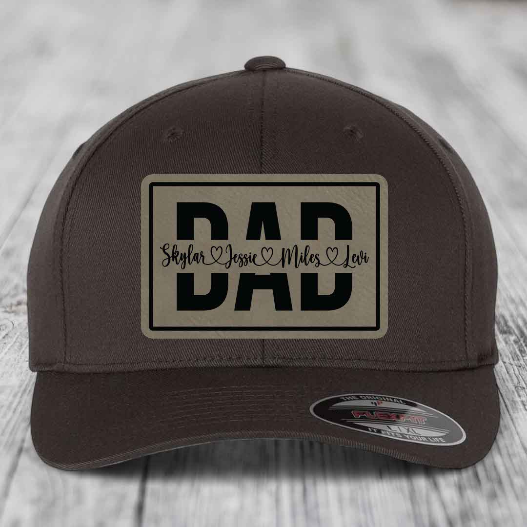 Dad Monogram (With Kids Names) - Leather Patch Hat - Light Brown to Black Patch - Flexfit 6277 Fitted Hat