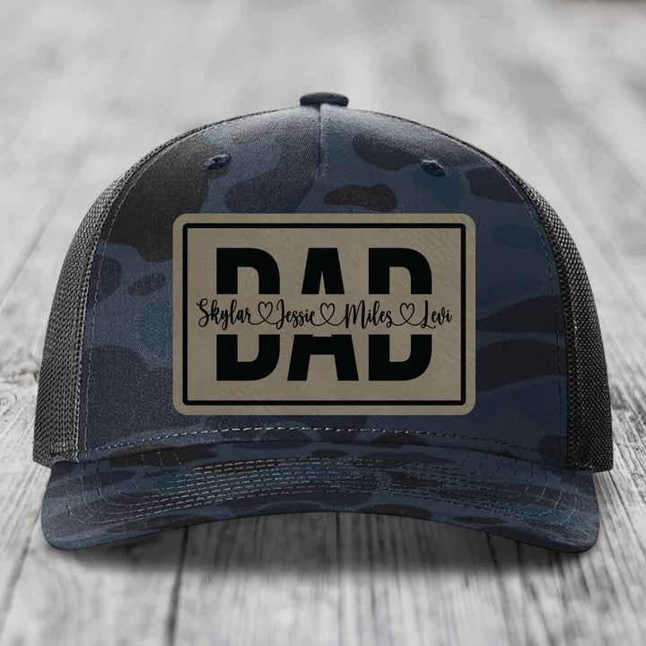 Dad Monogram (With Kids Names) - Leather Patch Hat - Light Brown to Black Patch - Richardson 112PFP Snapback Trucker Hat