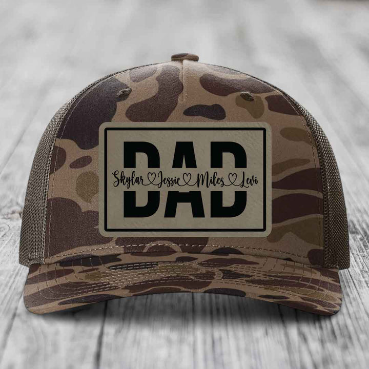 Dad Monogram (With Kids Names) - Leather Patch Hat - Light Brown to Black Patch - Richardson 112PFP Snapback Trucker Hat