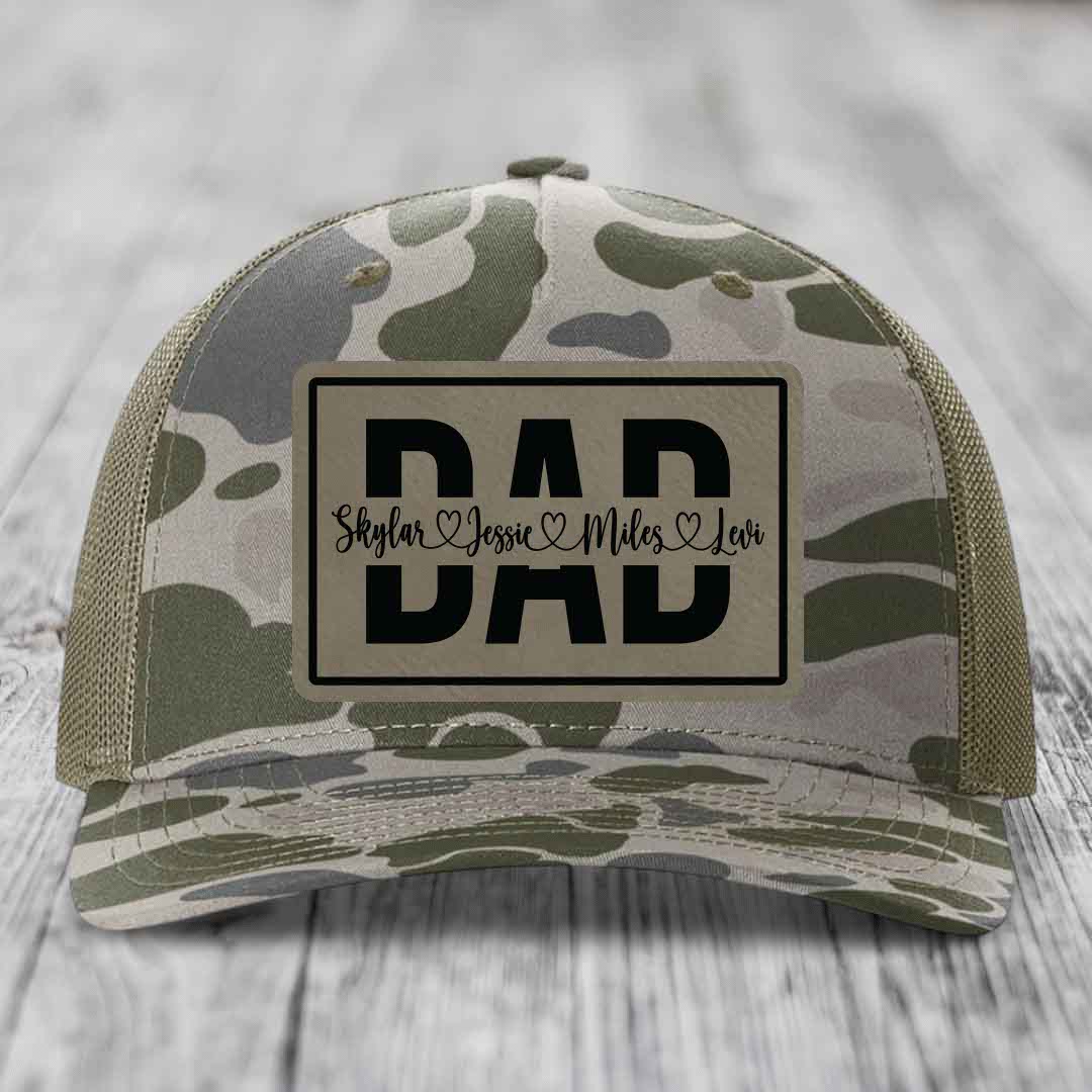 Dad Monogram (With Kids Names) - Leather Patch Hat - Light Brown to Black Patch - Richardson 112PFP Snapback Trucker Hat