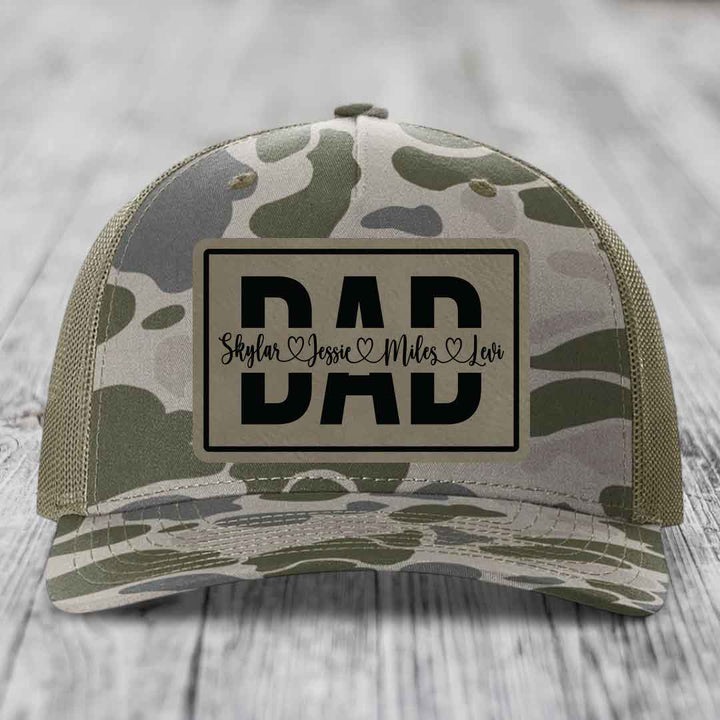Dad Monogram (With Kids Names) - Leather Patch Hat - Light Brown to Black Patch - Richardson 112PFP Snapback Trucker Hat