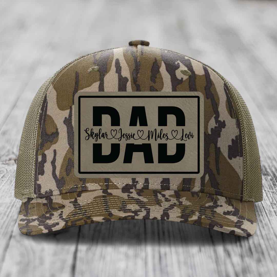 Dad Monogram (With Kids Names) - Leather Patch Hat - Light Brown to Black Patch - Richardson 112PFP Snapback Trucker Hat