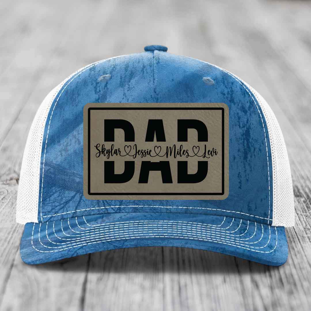 Dad Monogram (With Kids Names) - Leather Patch Hat - Light Brown to Black Patch - Richardson 112PFP Snapback Trucker Hat