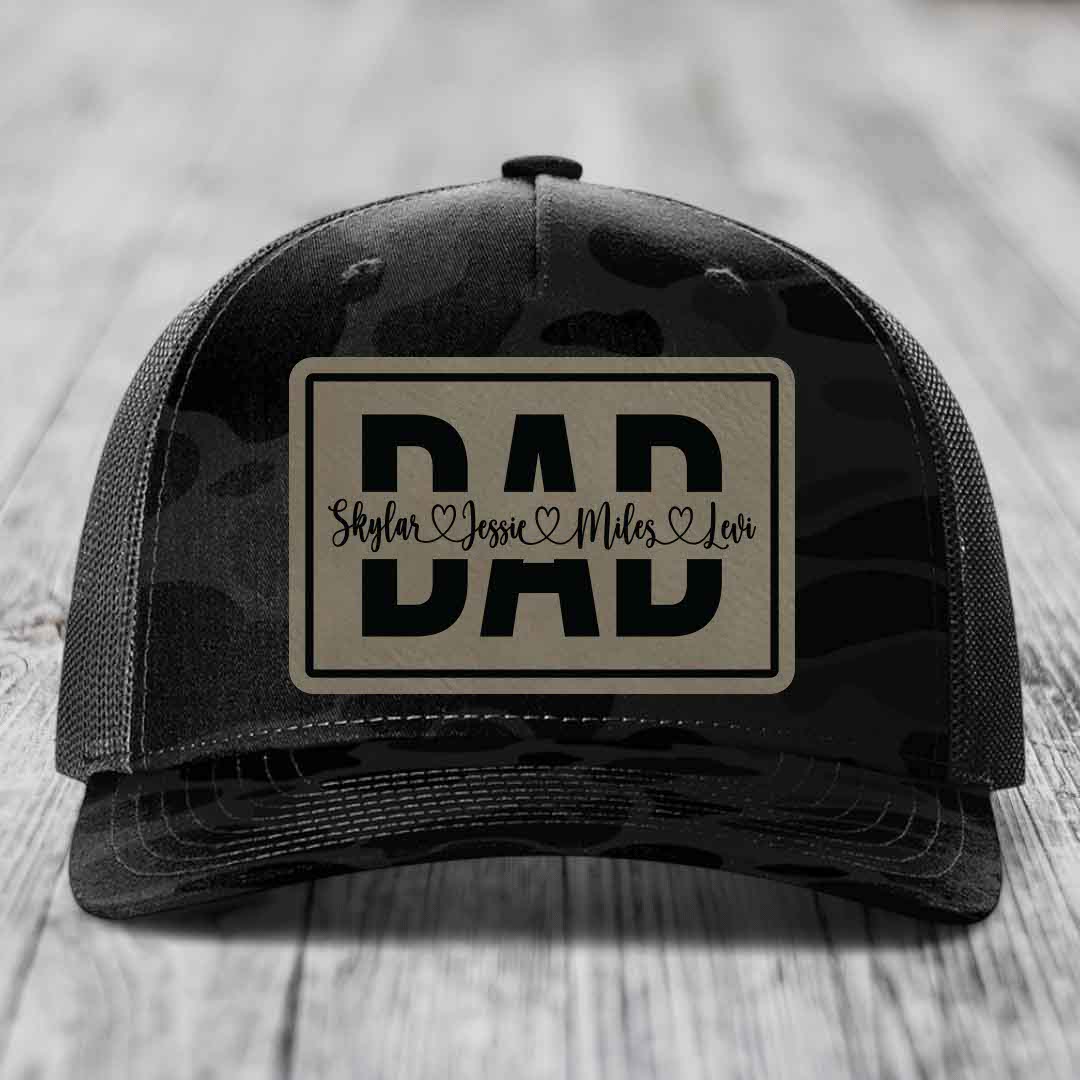 Dad Monogram (With Kids Names) - Leather Patch Hat - Light Brown to Black Patch - Richardson 112PFP Snapback Trucker Hat