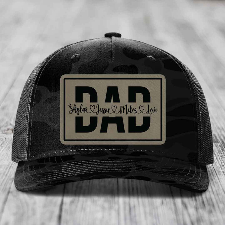 Dad Monogram (With Kids Names) - Leather Patch Hat - Light Brown to Black Patch - Richardson 112PFP Snapback Trucker Hat