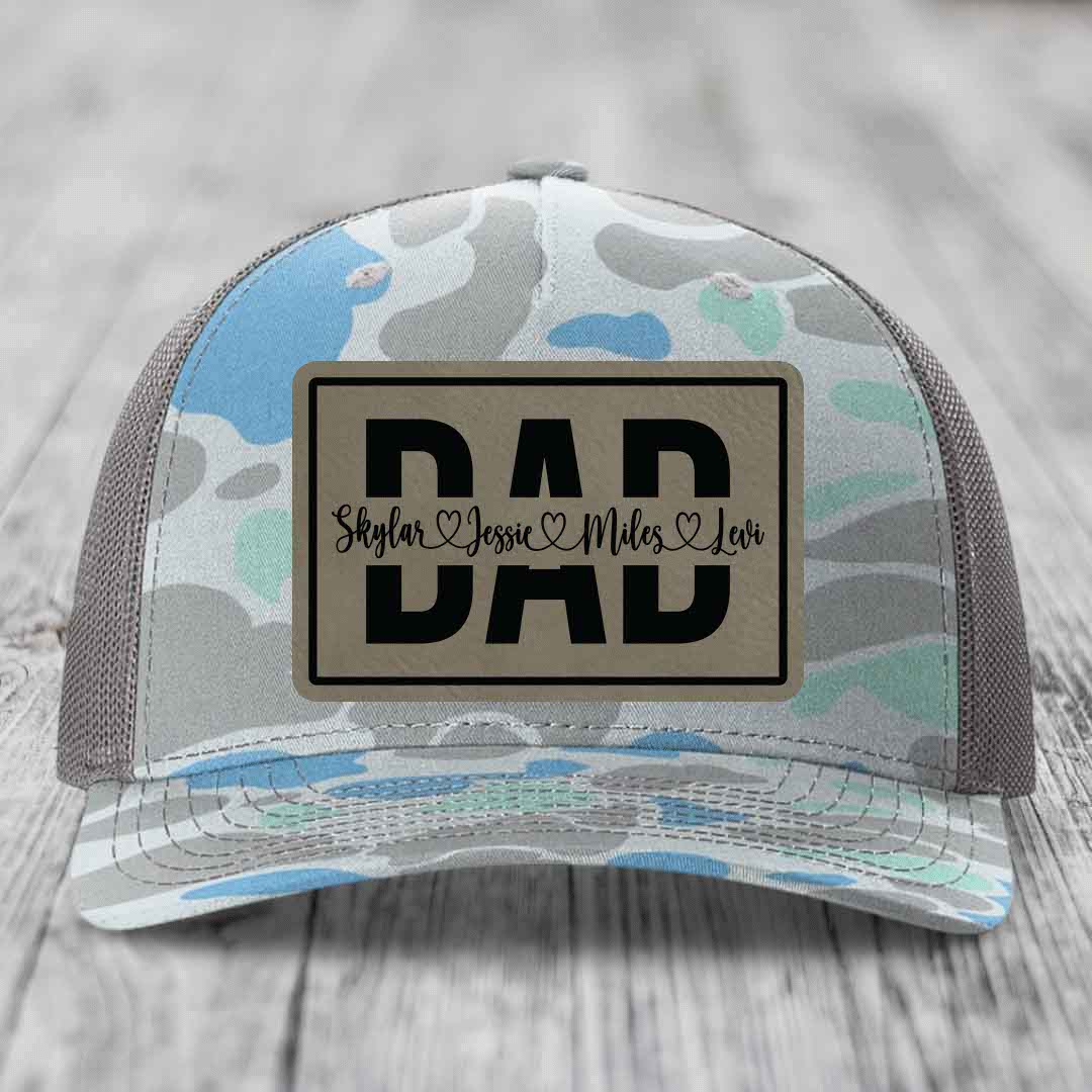 Dad Monogram (With Kids Names) - Leather Patch Hat - Light Brown to Black Patch - Richardson 112PFP Snapback Trucker Hat