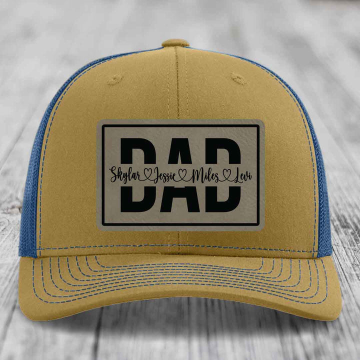 Dad Monogram (With Kids Names) - Leather Patch Hat - Light Brown to Black Patch - Richardson 112 Snapback Trucker Hat