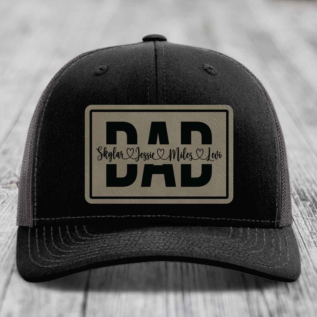 Dad Monogram (With Kids Names) - Leather Patch Hat - Light Brown to Black Patch - Richardson 112 Snapback Trucker Hat