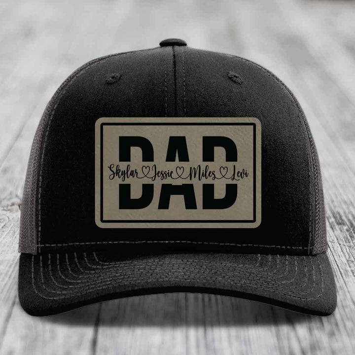 Dad Monogram (With Kids Names) - Leather Patch Hat - Light Brown to Black Patch - Richardson 112 Snapback Trucker Hat