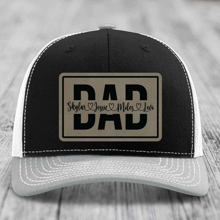 Dad Monogram (With Kids Names) - Leather Patch Hat - Light Brown to Black Patch - Richardson 112 Snapback Trucker Hat
