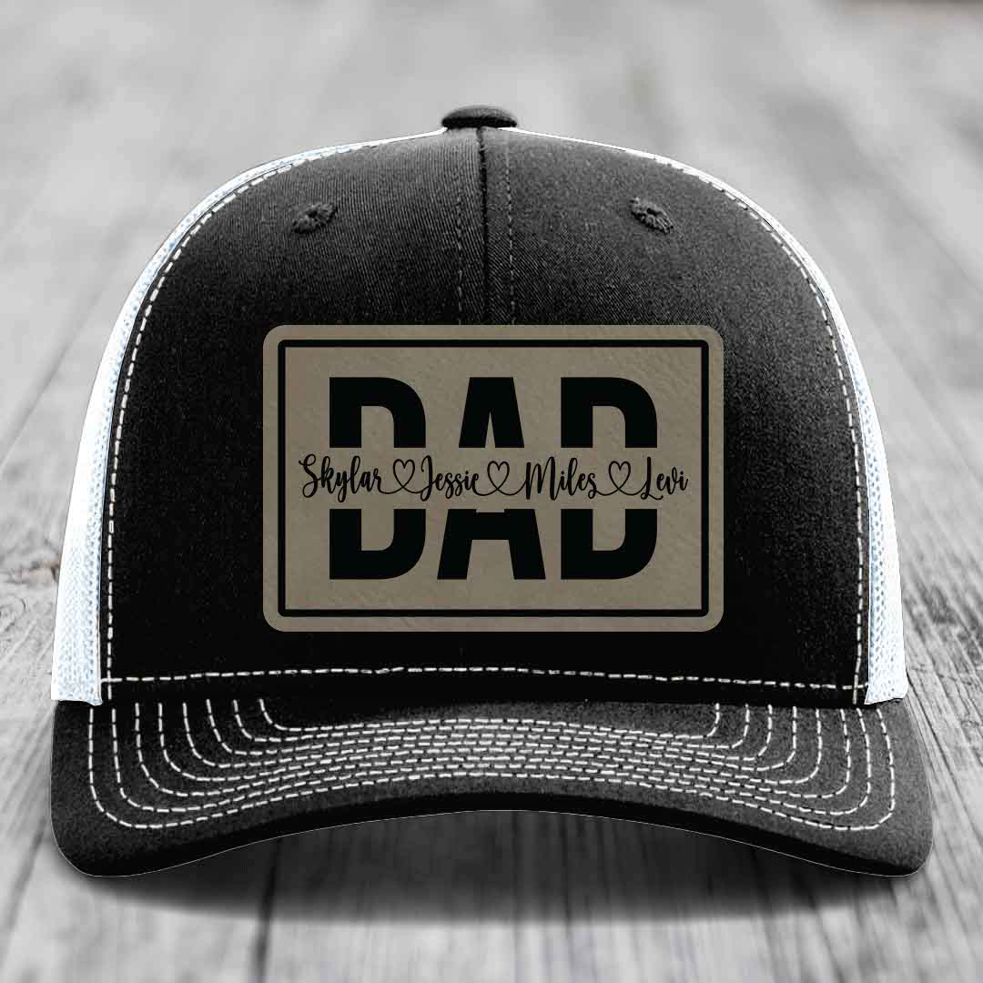 Dad Monogram (With Kids Names) - Leather Patch Hat - Light Brown to Black Patch - Richardson 112 Snapback Trucker Hat