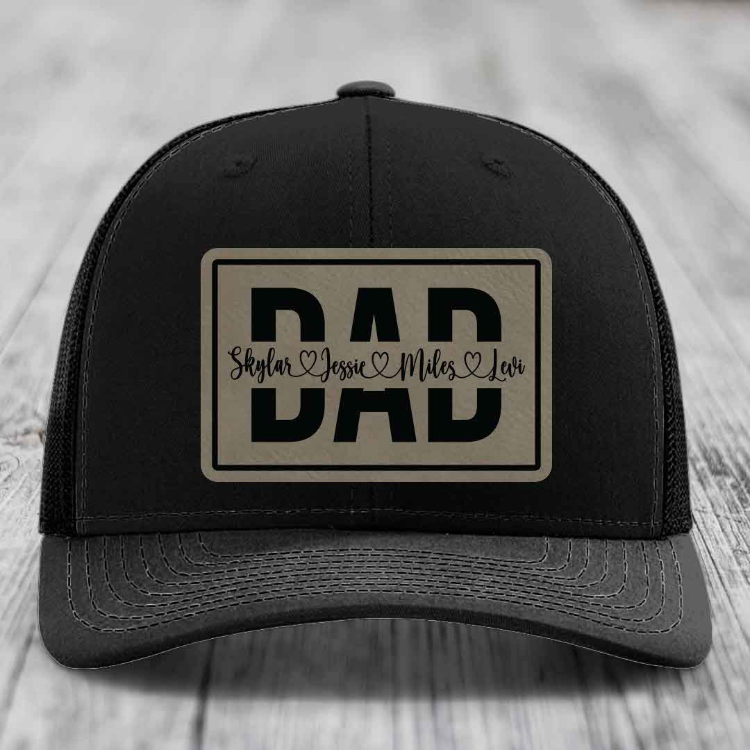 Dad Monogram (With Kids Names) - Leather Patch Hat - Light Brown to Black Patch - Richardson 112 Snapback Trucker Hat
