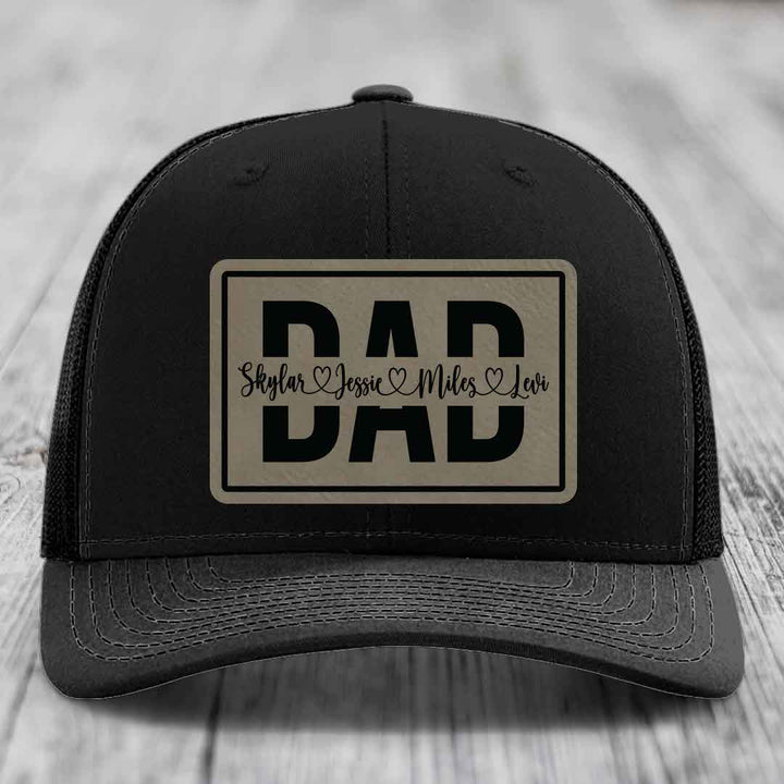 Dad Monogram (With Kids Names) - Leather Patch Hat - Light Brown to Black Patch - Richardson 112 Snapback Trucker Hat