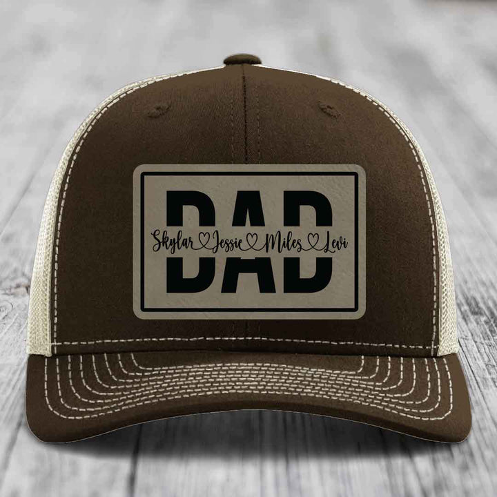 Dad Monogram (With Kids Names) - Leather Patch Hat - Light Brown to Black Patch - Richardson 112 Snapback Trucker Hat