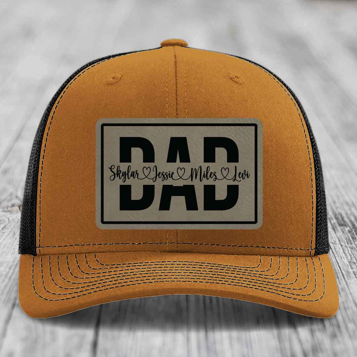 Dad Monogram (With Kids Names) - Leather Patch Hat - Light Brown to Black Patch - Richardson 112 Snapback Trucker Hat