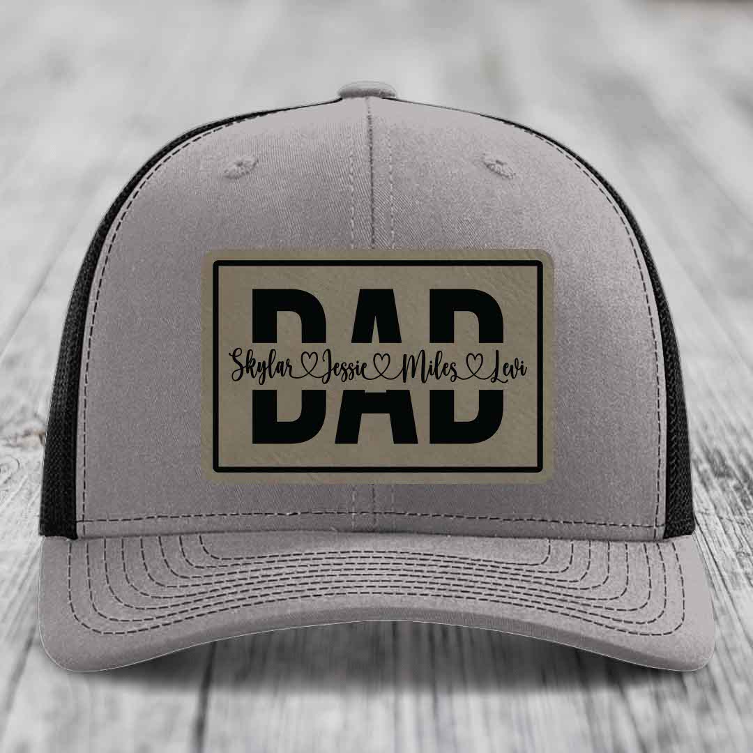 Dad Monogram (With Kids Names) - Leather Patch Hat - Light Brown to Black Patch - Richardson 112 Snapback Trucker Hat