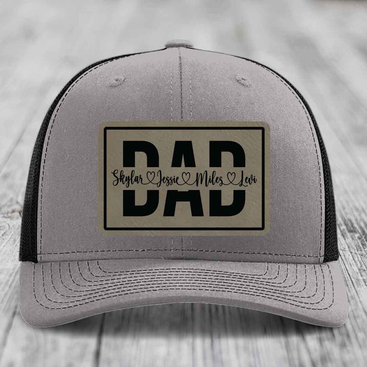 Dad Monogram (With Kids Names) - Leather Patch Hat - Light Brown to Black Patch - Richardson 112 Snapback Trucker Hat