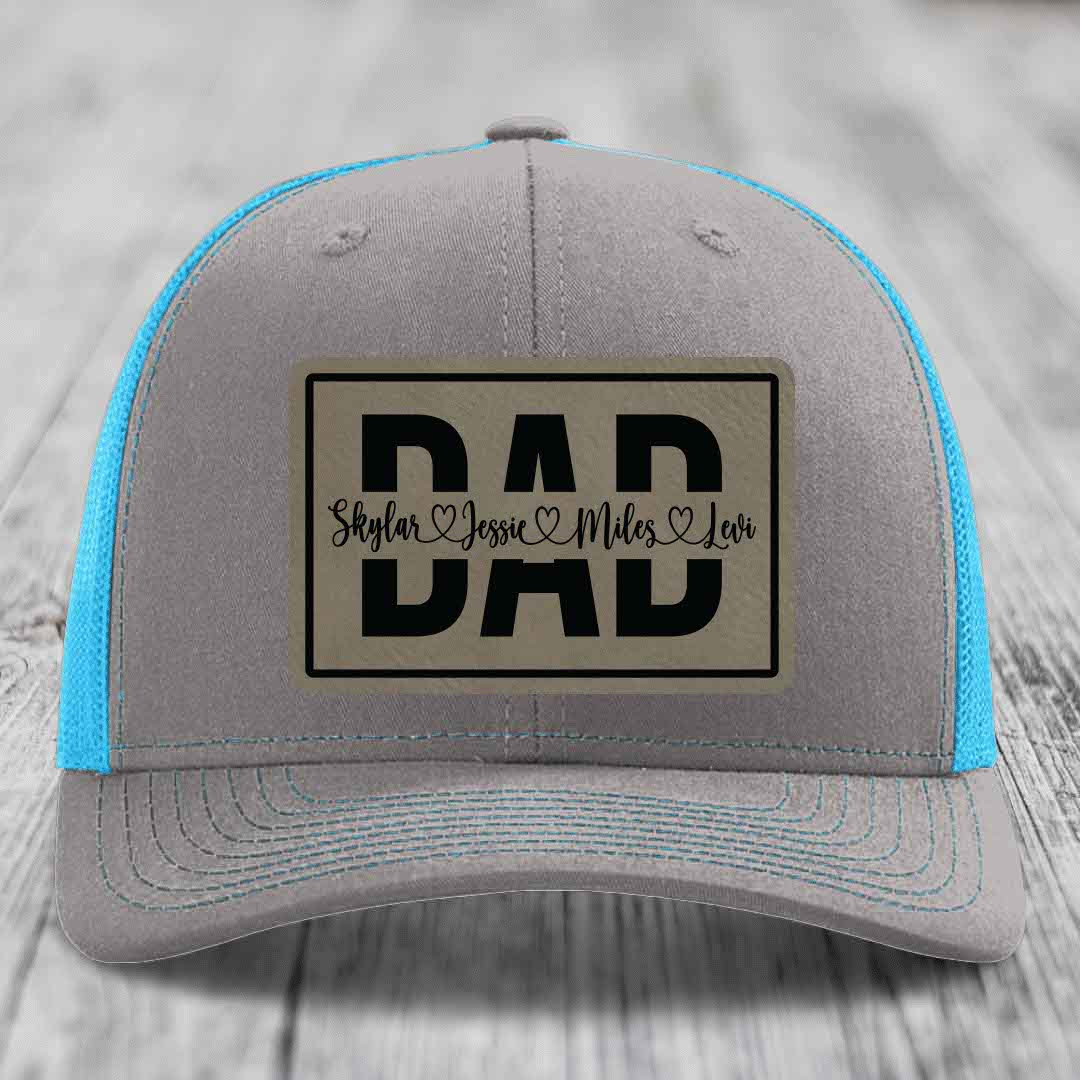 Dad Monogram (With Kids Names) - Leather Patch Hat - Light Brown to Black Patch - Richardson 112 Snapback Trucker Hat
