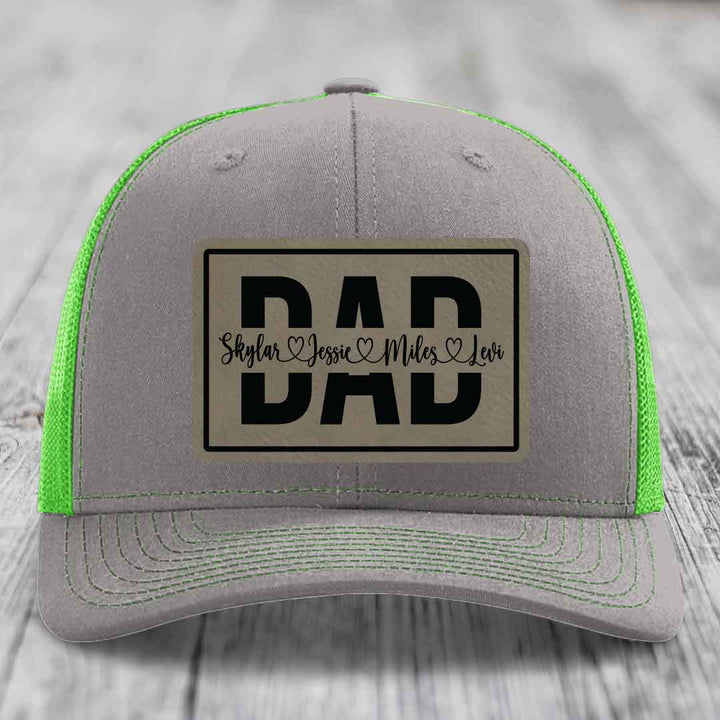 Dad Monogram (With Kids Names) - Leather Patch Hat - Light Brown to Black Patch - Richardson 112 Snapback Trucker Hat
