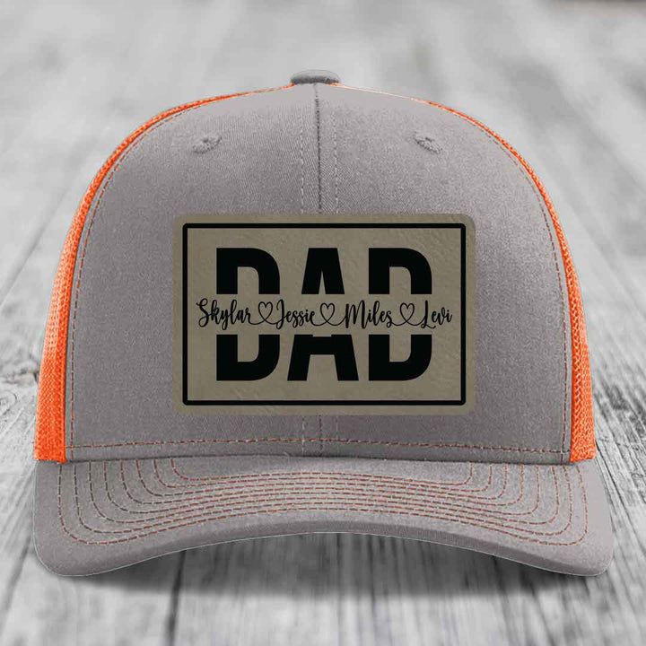 Dad Monogram (With Kids Names) - Leather Patch Hat - Light Brown to Black Patch - Richardson 112 Snapback Trucker Hat